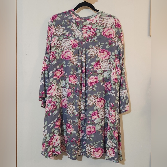 Umgee L Pink Roses Gray Boho Bell Sleeve Trapeze Swing Tunic Mini Dress - Picture 4 of 5